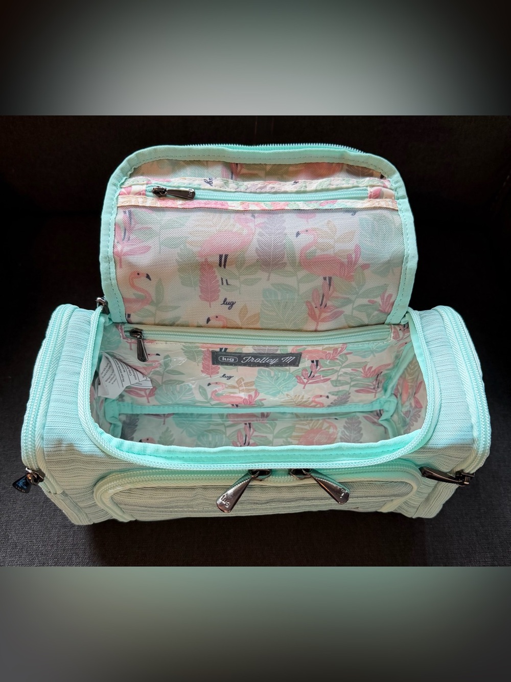 Lug Trolley Medium 2 Cosmetic Case – Brushed Aquamarine Blue Flamingo Foliage